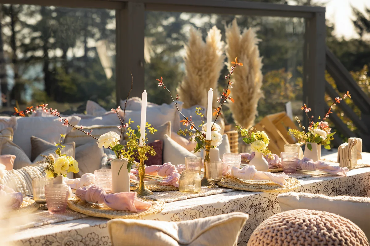 Styled picnic tablescape on the coast